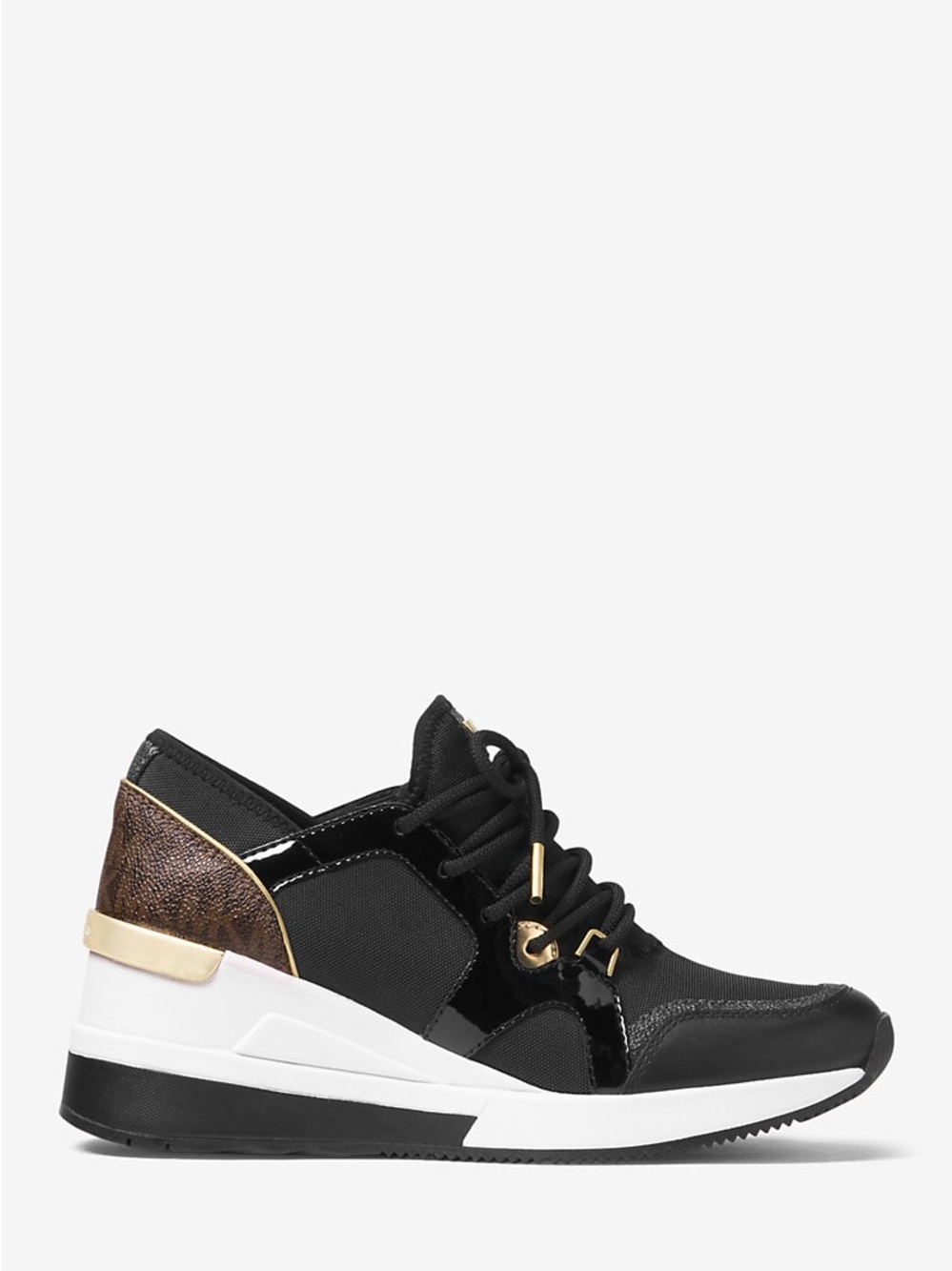Michael Kors Black and Brown Wedge Lace-Up Sneaker with Gold Trim